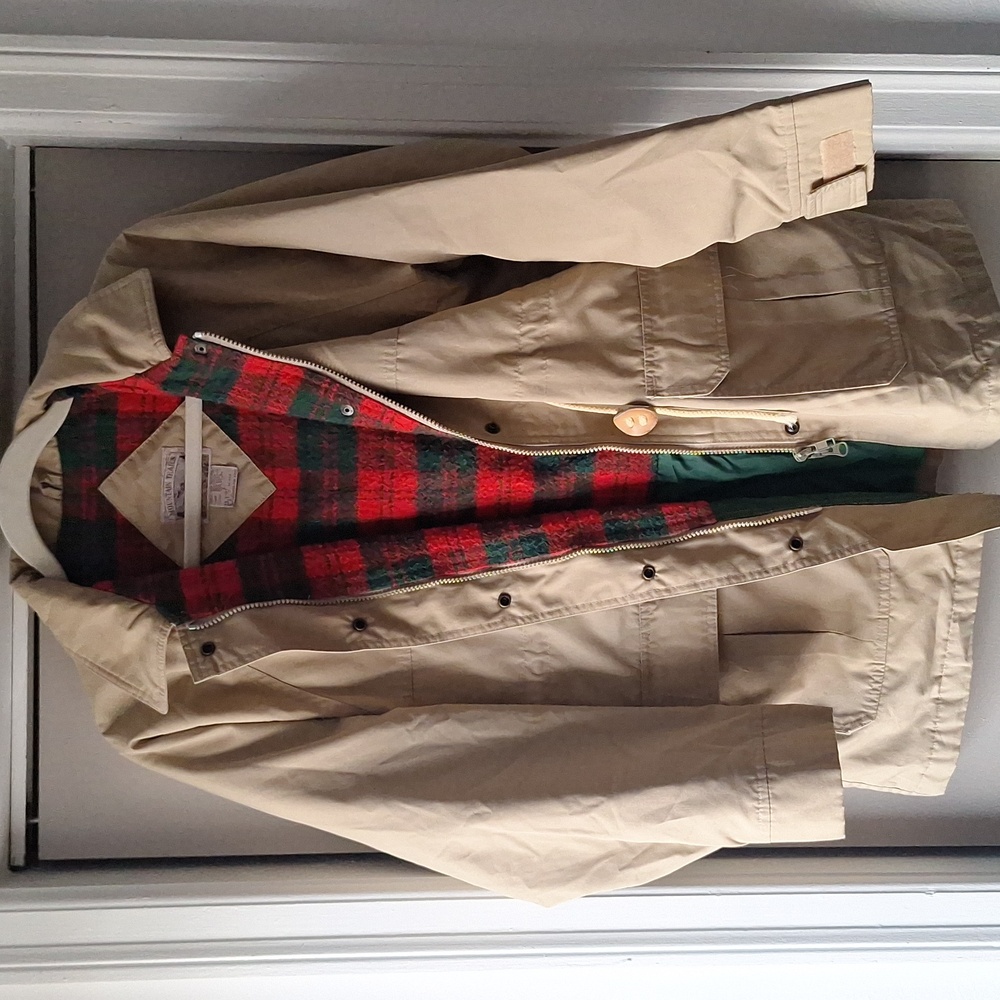 Vintage Tan Jacket with Christmas Red and Green Plaid Interior